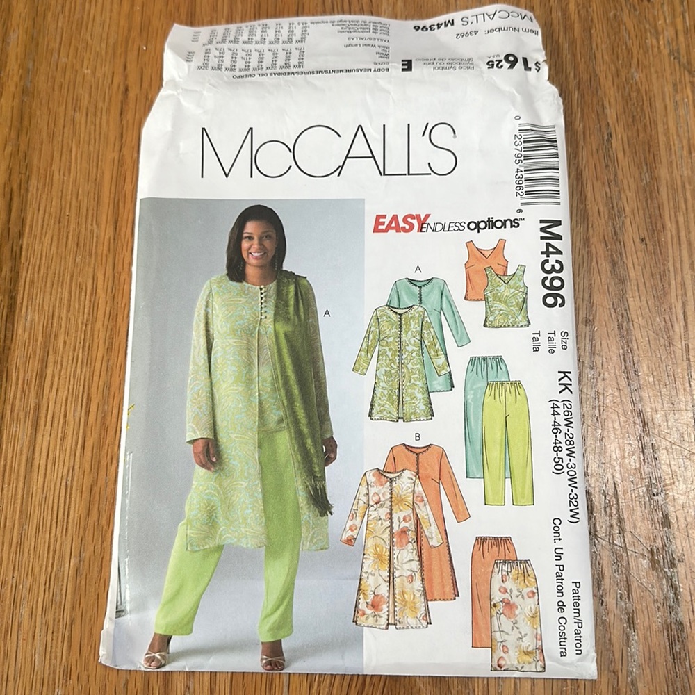 Uncut sewing pattern McCalls M4396 women’s duster, top, skirt, pants